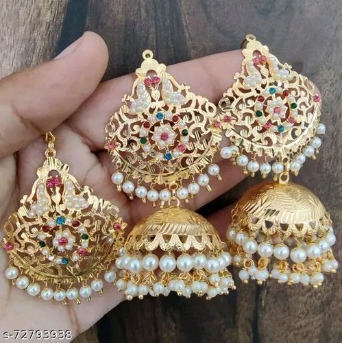 Indian Bollywood Gold Plated Kundan Choker Bridal Jhumka Earrings Jewelry Set - Picture 6 of 6