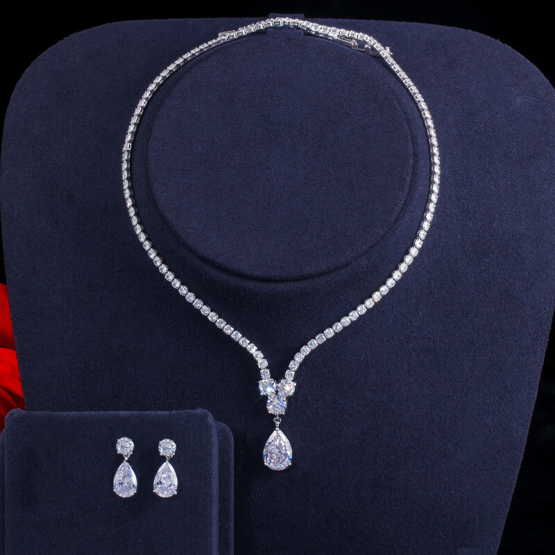 Fashion Cubic Zirconia Drop Pendant Necklace Earrings Bridal Wedding Jewelry Set
