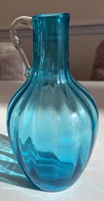 Vintage Beacon (approx. 1947) Hand Blown Aquamarine Glass Ribbed Jug Pitcher