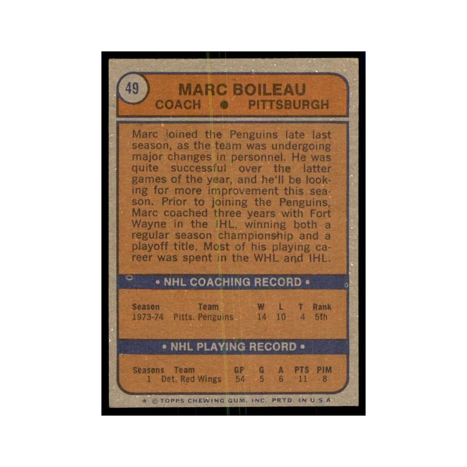 Marc Boileau 1974 Topps #49 Hockey Cards Hockey Card EX - Image 2 of 3