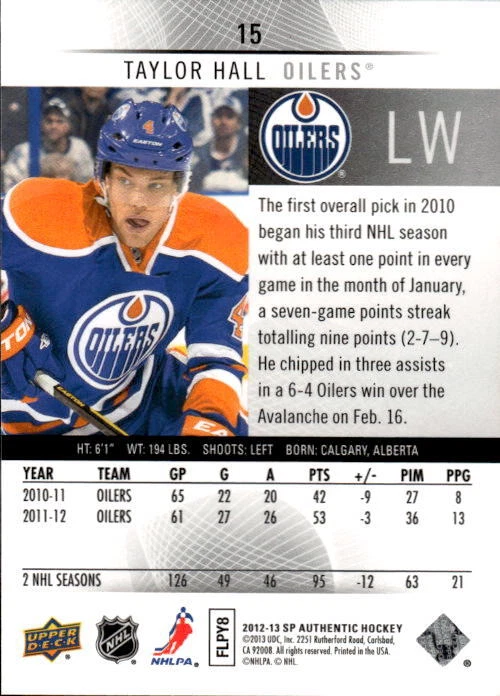 2012-13 SP Authentic Taylor Hall #15 Edmonton Oilers - Image 2 of 2