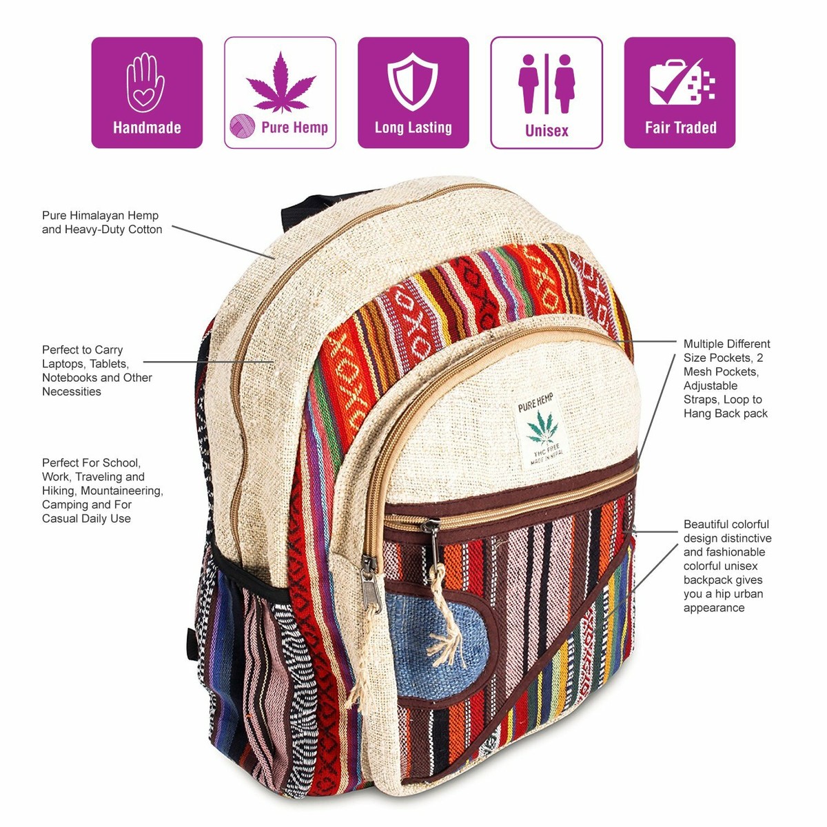 Zaino Per Laptop Himalayan Group Multitasche Pura Canapa Nuovo Con - Foto 6