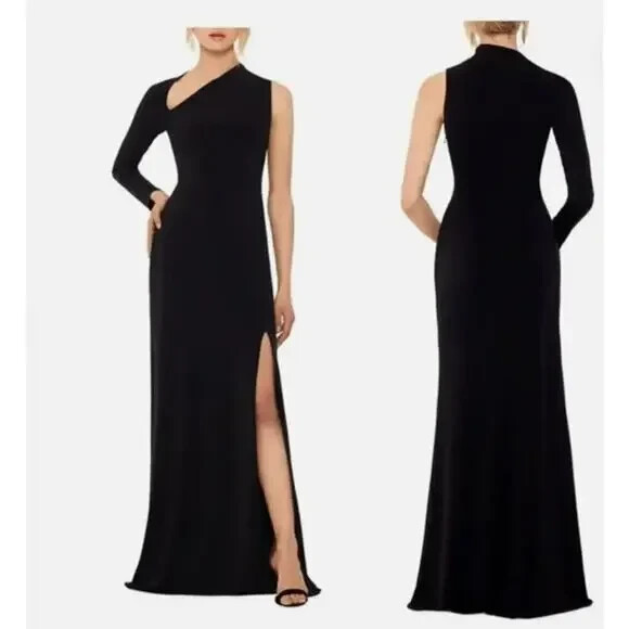 Betsy & Adam Asymmetrical Long Sleeve Gown - Black