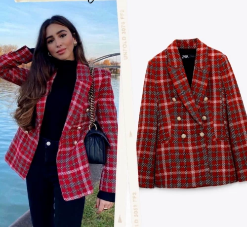 ZARA NWT FW20 DOUBLE-BREASTED CHECK BLAZER JACKET RED 8867/690 | eBay