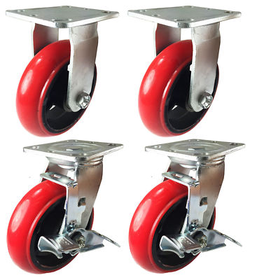 4 Heavy Duty Caster Set 4'' 5'' 6'' Polyurethane Cast Iron Wheels No Mark (Round)