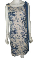 Linen Beaded Dress Virgo Shift Knee Length Sleeveless Tan Blue 12P Petites