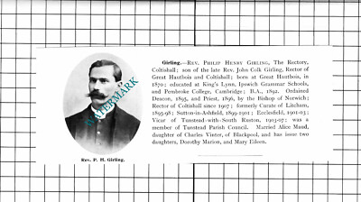 Rev Philip Henry Girling The Rectory Coltishall Norfolk - 1911 Clipping