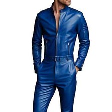 Herren Blau Leder Slim Fit Freizeit Overall. Echtes weiches Lammfell Leder Body