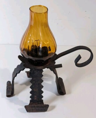 Gusseisen Kammerleuchter Kerzenhalter Glas Bernstein Kamin 