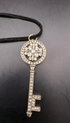Silver Tone Rhinestone Skeleton Key Pendant/ Corded Necklace 16'' w/3''Extender