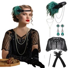 Womens 1920s Flapper Roaring 20s Great Gatsby Theme Headband Accessories Set