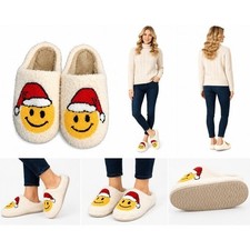 Smiley Face Santa Slippers 9.5 Cream Sherpa Cozy Christmas Holiday Rubber Sole