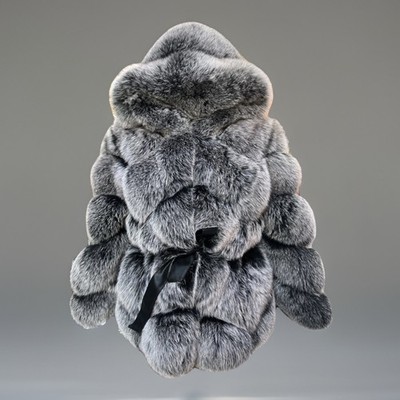 Neu Silberfuchs Pelzmantel mit Kapuze & Gürtel Echtfell Jacke Luxus Grau Damen