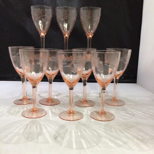 Set Of 10 Vintage EtchedPink Depression Optic Glass 5 3/4” Wine /Cordial Glasses