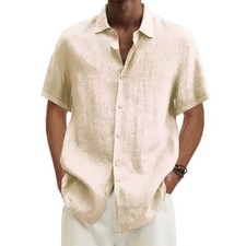 Men's Casual Cotton Linen Short-Sleeve Summer Solid Color Beach Style Shirt Gift