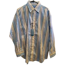 Koman Sports Button Up Shirt Men Sz XL Blue Striped Long Sleeve Y2K Vintage New