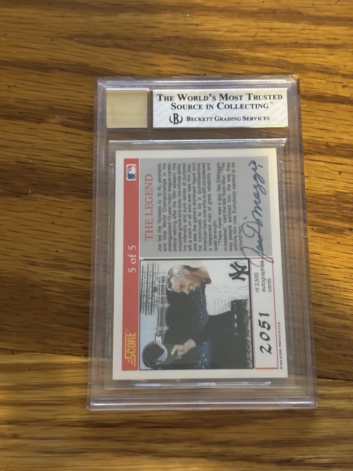 Joe DiMaggio Autographed Signed New York Yankees 1992 Score #5 Of 5 2051/2500 Beckett 8 NM/MT Auto 10 