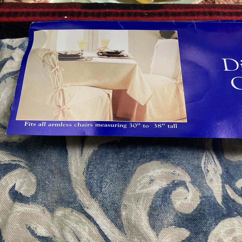 Cubierta de silla de comedor Sure Fit 1998 de colección sin brazo EE. UU. beige floral sobre algodón azul Foto 2 de 4