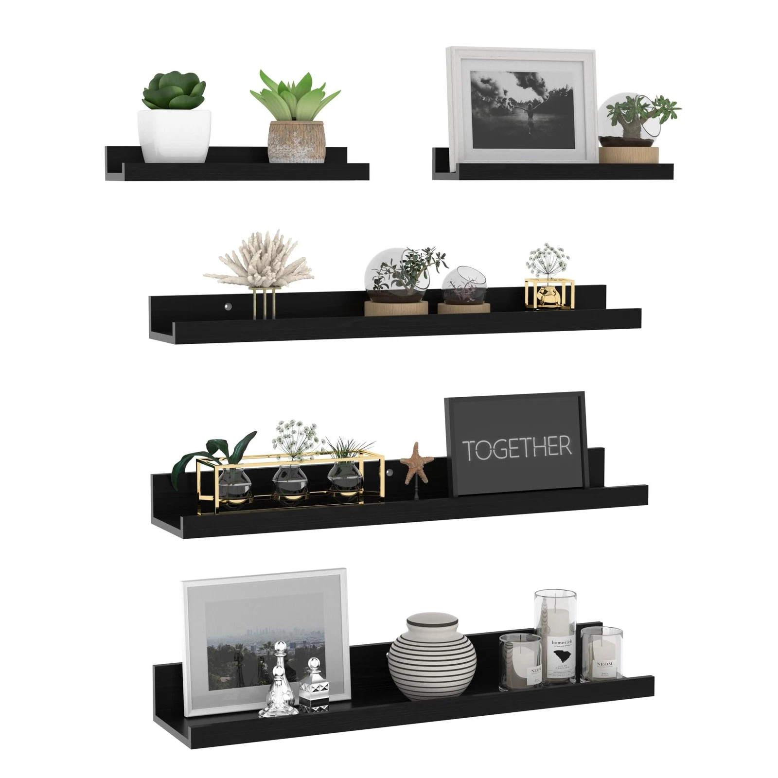 5 PCS 24 Inch Wall Mounted Floating Shelves Black Wood Storage Picture Ledge
