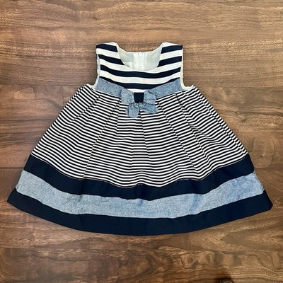 Bonnie Jean Exclusive Nautical Navy Blue & White Lined Dress Girl s Size 12 Mos