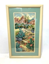 Framed Southwestern Needlepoint Desert Landscape Art Cacti, Mountains Wall Decor