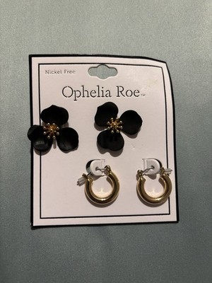 Ophelia Roe 2 Pair Set Black Floral Studs + Gold Hoop Earrings