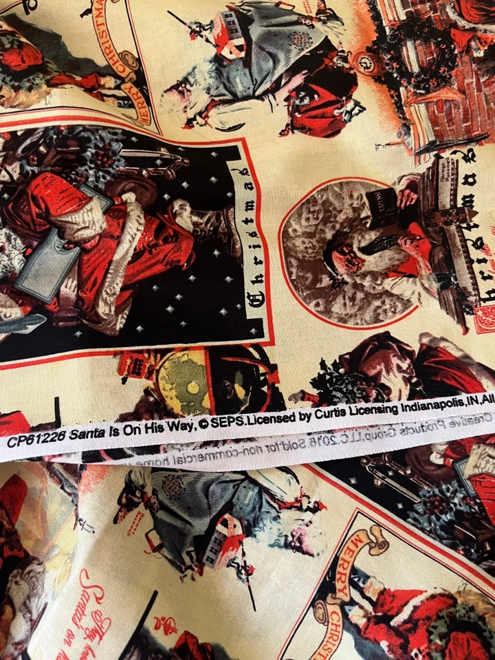 Santa On His Way Holiday Fabric Rockwell Prints 1.5 yds Rare - Image 4 of 4