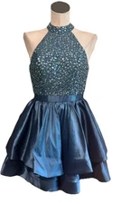camille la vie Women 2 Blue Jewel, Cut Out Halter Cupcake, Full Skirt dress VV