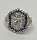 Vintage Art Deco 18k White Gold Blue Sapphires & Natural Diamonds 5.7g Size 7.25 — photo 5