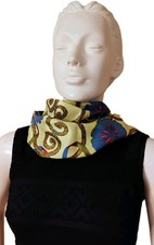 VTG "All Acetate Twill" Hand Printed Yellow  Blue Floral SCARF made in Japan
