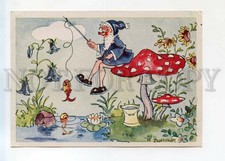 529255 FISHING Gnome MUSHROOM amanita GOLDFISH by BETHRE Vintage postcard