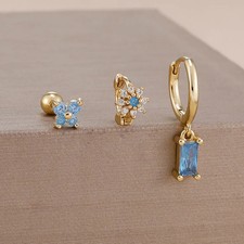 Square Hoop Earrings Simulated Zirconia Gold Plated Stainless Steel Jewelry 3PCS