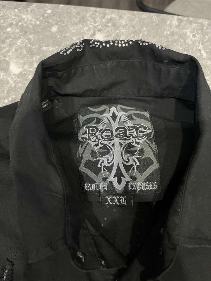 Camisa Roar Abotonada L/S Hombres Talla 2XL Tachonada Cruz Adornada Soporte Alta Negra Foto 3 de 4