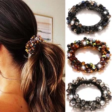 Fashey Beaded Hair Ties Black Crystal Ponytail Holders Fancy Rhinestone Hair Scr