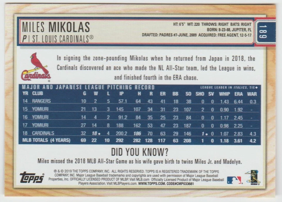 2019 Topps Big League Gold #189 Miles Mikolas - Cardinals - Image 2 of 2