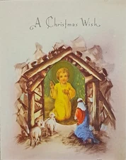 Vintage Christmas Card Religious Baby Jesus Manger Shepherd Lambs Gold Embossed