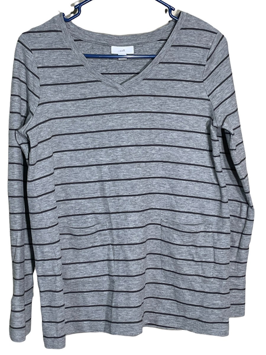 J Jill Waffle Knit Top Sz XS Gray Stripe Long Sleeve V Neck