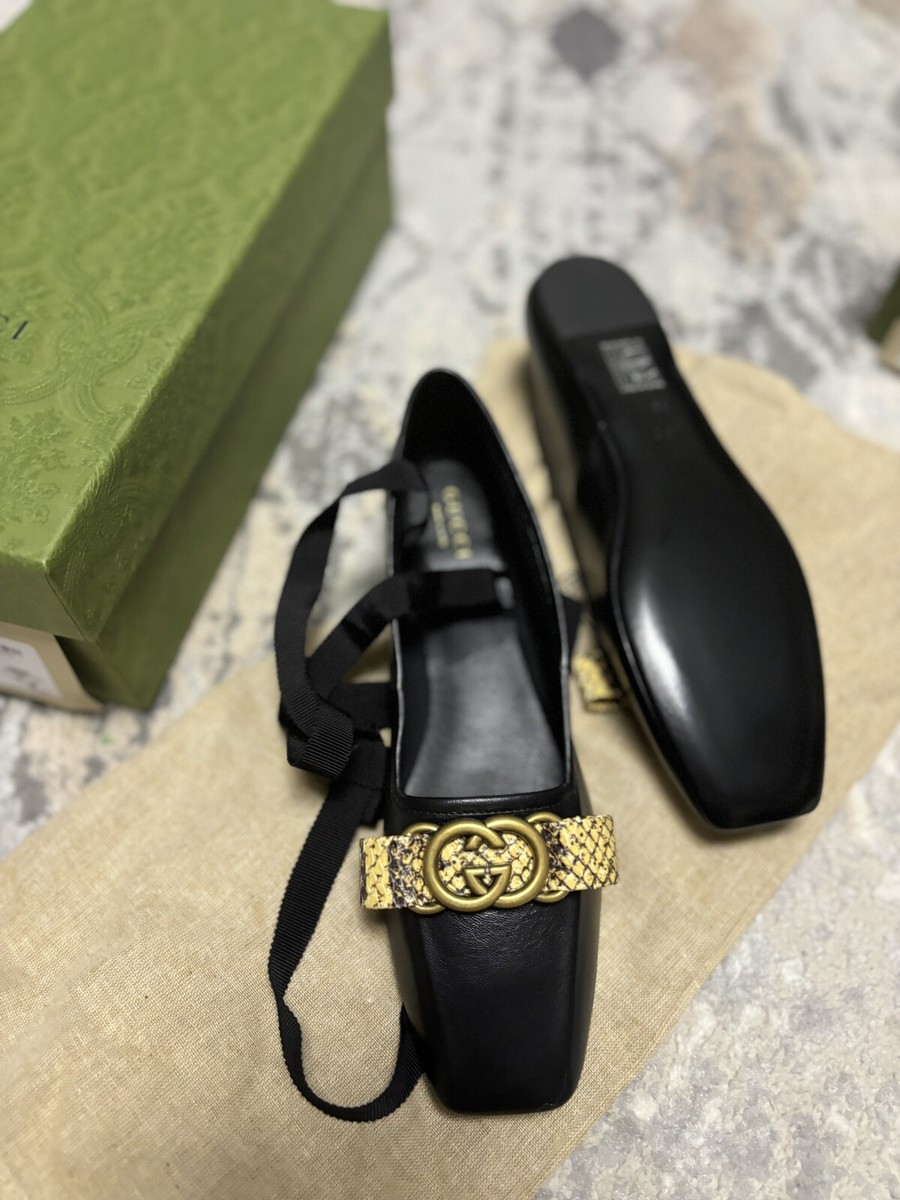 GUCCI Women's Interlocking G Ballet Flat Shoes Leather Black