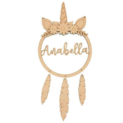 Cerchio acchiappasogni unicorno nome personalizzato piuma mdf legno artigianale bianco fai da te