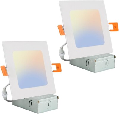 2 Slim White 4in Square LED Recessed Can Lights 9w Dimmable