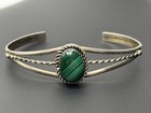Vintage Native American Navajo Cuff Sterling Silver Bracelet Oval Malachite