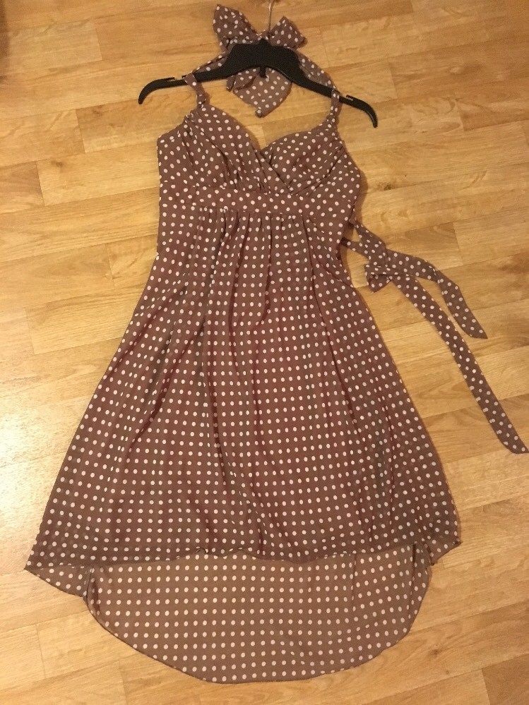 princess polly baby blue dress Beautiful Chic Semi Sheer Sz 9 Brown White Polka Dot High-Low Halter Dress  Sash