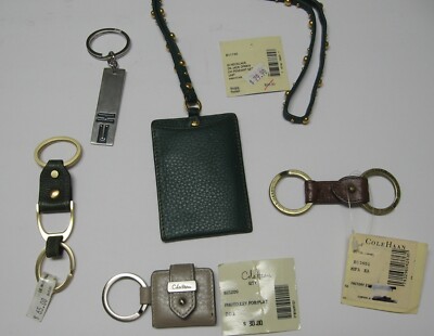 5- Cole Haan New Key Chain FOB- Caramel/Platinum/Jade-Leather ID Necklace w/Tags