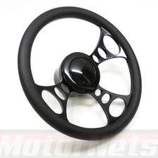 14" Orbiter Style Black Aluminum Steering Wheel Kit Horn Adapter GM Chevy HotRod