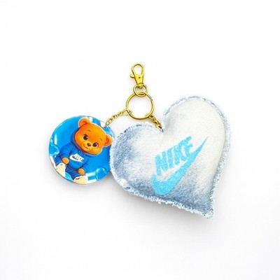 Handmade Denim Heart Keychain w/ Blue Nike Inspired Logo & 3D Teddy Bear Charm