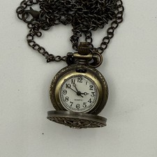 Vintage Filigree Floral Pocket Watch Necklace Brass Tone Quartz
