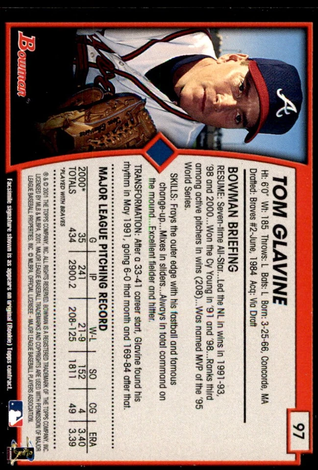 Tom Glavine 2001 Bowman #97 Atlanta Braves MLB READ FREE SHIPPING AutographDen - Image 2 of 2