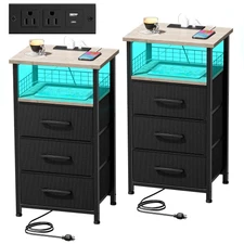 Night Stand Set 2 with Charging Station, End Table Set of 2 with 20 Colors LE...