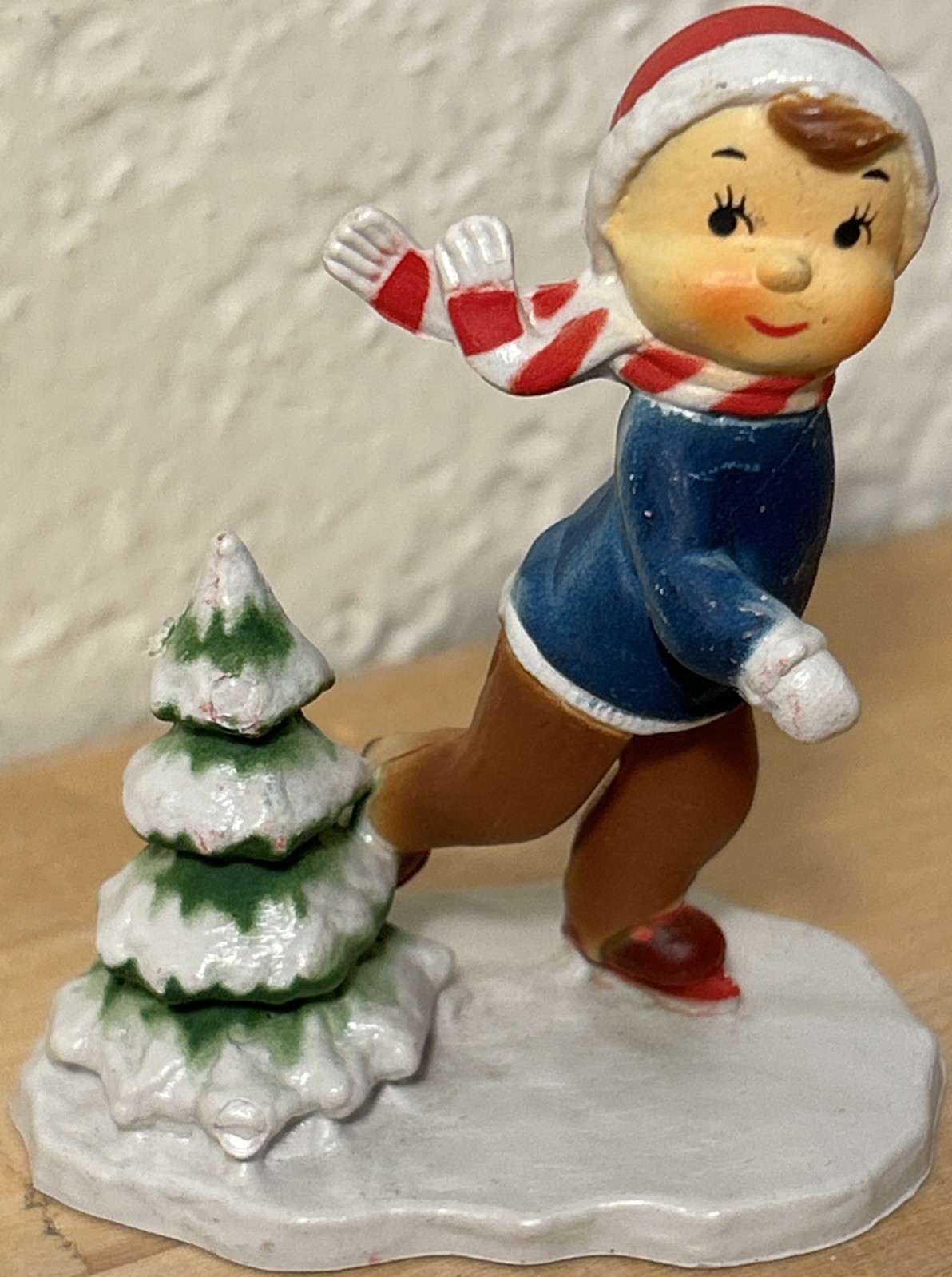 Vintage Ice-Skating Boy Hard Plastic Christmas Ornament Made In Hong Kong
