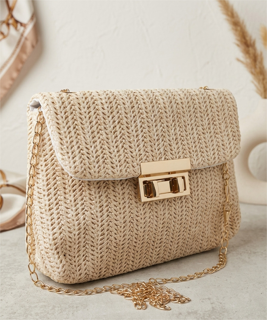 Chic Beige Woven Straw Crossbody Bag with Gold Chain Strap - Boho Summer Clutch